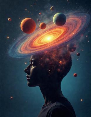 The primary subject of the image is a woman with a head full of planets. The setting is a blue background, and the visual style is a digital art or illustration. The colors and mood of the image are predominantly blue and space-themed, creating a sense of wonder and exploration.